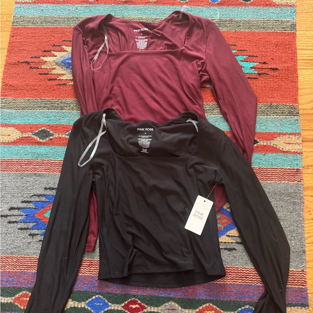 Pink Rose Long Sleeve Tops - Black and Burgundy